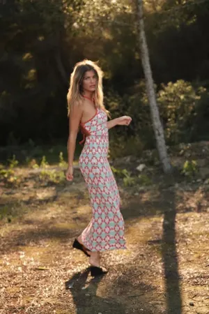 Zara Women’s Halter Knit Crochet Maxi Dress in Coral and Mint thumbnail 6
