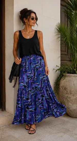 NWT Fashion Bug Abstract Purple Blue Tiered Maxi Skirt Large Art To Wear thumbnail 1