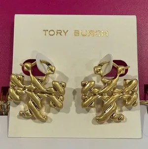 Tory Burch | Gold Plated Twisted Logo Hoop Earrings | Medium thumbnail 1