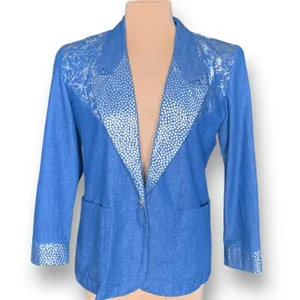 Vintage‎ Blue Denim Blazer Silver Polka Dot Boho Western Jacket Artsy Eclectic thumbnail 11