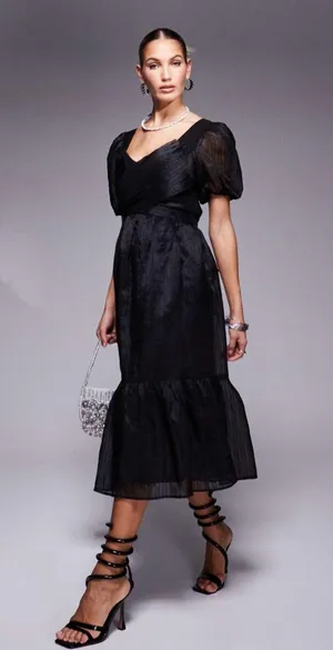Lulus Celebratory Moment Black Surplice Puff Sleeve Midi Dress thumbnail 2