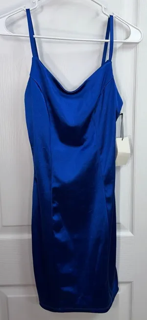 NEW IRIS electric blue bodycon stretch‎ formal adjustable mini dress shiny gloss thumbnail 1