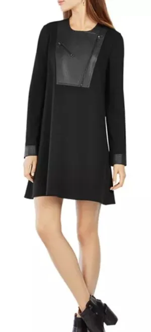 NWT BCBGMAXAZRIA Faux Leather Bib Mini Dress Black XXS thumbnail 1