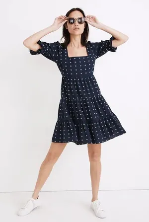 Madewell Square-Neck Puff-Sleeve Tiered Mini Babydoll Dress Size 10 100% Cotton thumbnail 1