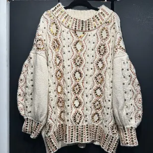 Free People Guilded Cream and Gold Embroidered Sweater thumbnail 2
