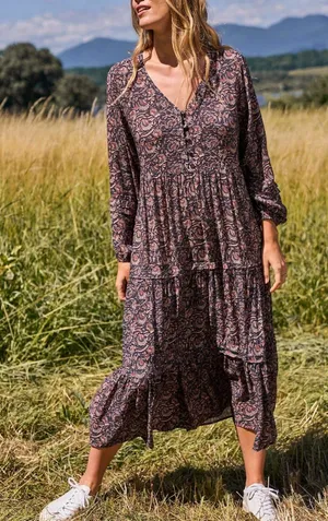 Faherty Isabella Dress Black Belmar Paisley Viscose Crepe Maxi WDH2104-BLB Small thumbnail 1