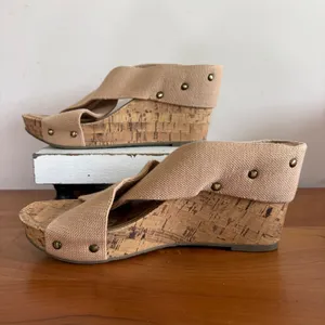 Esprit Womens Beige Canvas‎ Criss Cross Studded Cork Wedge Sandals Size 8 thumbnail 2