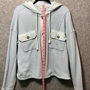 COMO VINTAGE Light Blue Waffle Knit Hooded‎ Button Front Shacket Size L thumbnail 3