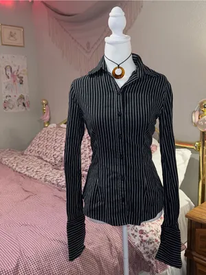Y2K Office Siren Black Pinstripe Button-Down Women's Shirt thumbnail 5