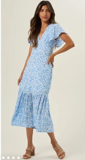 NWT altar'd state bellarosa flutter sleeve blue/ivory midi dress. Size XL thumbnail 2