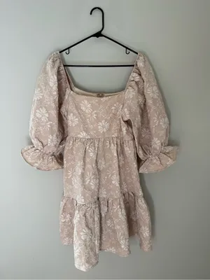Shop the Mint Tan White Floral Embroidered Puff Sleeve Mini Dress Large thumbnail 3