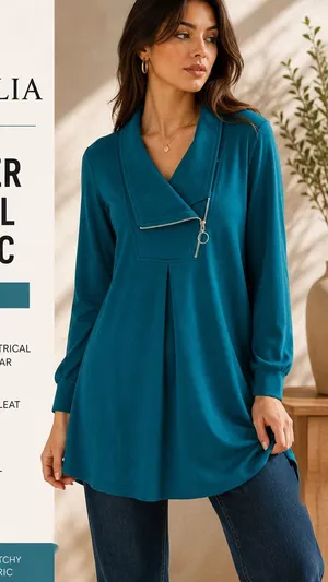 Valolia Teal Zipper Lapel Swing Tunic Top Size M NWT thumbnail 1