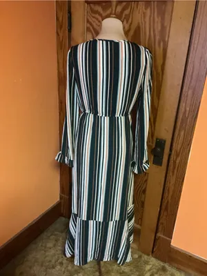 Jodifl Striped Faux Wrap Ruffle Midi Dress Size Medium Green Rust Boho thumbnail 11