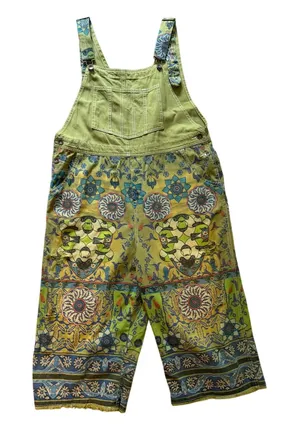 Vintage Distressed Boho Floral Overalls | Olive Green Cotton | One Size thumbnail 1