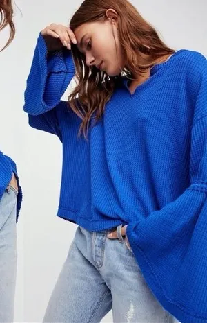 Free People We The Free Dahlia Thermal Waffle Knit Bell Sleeve Top Women’s Small thumbnail 1