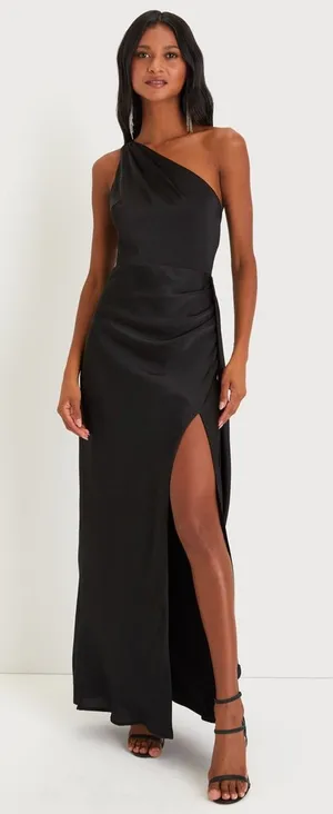 NWT Lulus Signature Elegance Black Satin One-Shoulder Maxi Dress Bridesmaid Sz L thumbnail 1