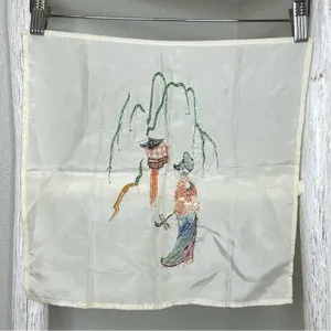 Vintage Japanese Embroidered Silk Handkerchief Geisha‎ Pagoda Willow Tree Art thumbnail 3