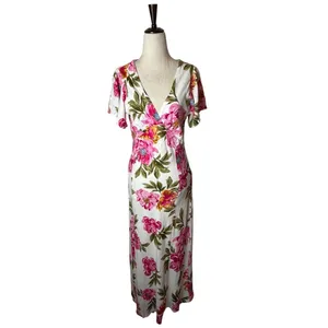 White Closet Maxi Dress Women Medium White Pink Linen Floral Boho Cottagecore thumbnail 2