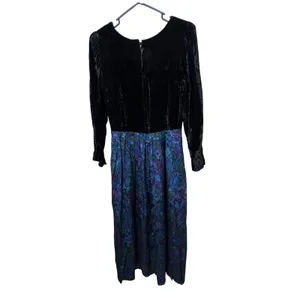 Lanz Originals Vintage Black Velvet Metallic Brocade Floral‎ Midi Dress USA Made thumbnail 4