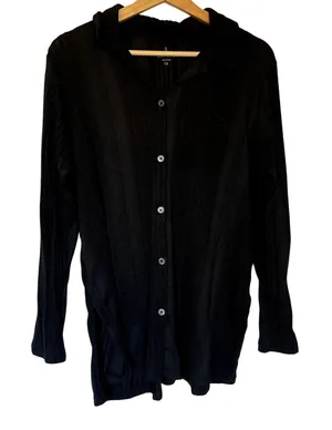 CuddlDuds black knit ribbed button down long sleeved shirt extra long women's TM thumbnail 1