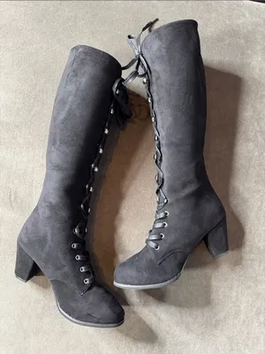 Tall Black Faux Suede Lace-Up Women’s Boots Gothic Size 8.5 (41) NEW thumbnail 5