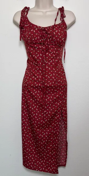 Women Indie‎ Grunge Milkmaid Midi Dress XL Red Ditsy Floral Whimsy Coquette thumbnail 1