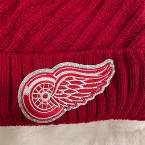 Detroit Redwings glitter logo Red Pom-Pom Knit Beanie hat! thumbnail 4