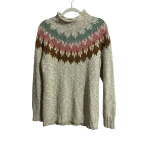 LL Bean Sweater Womens medium Beige Fair Isle Cotton Chunky Knit Mock Neck thumbnail 2