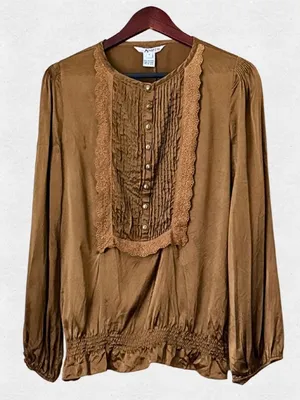 100% Silk Brown Peasant Blouse Long Sleeve Satin Shirt Size 8 Medium Coquette thumbnail 1