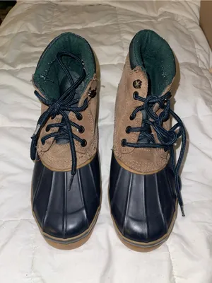 Vintage London Fog Saddle Back Brown Suede & Navy Rubber Duck Boots - Sz 8M thumbnail 1