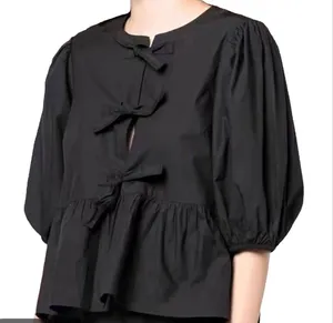 Amazon black tie front puff sleeve blouse size M thumbnail 1