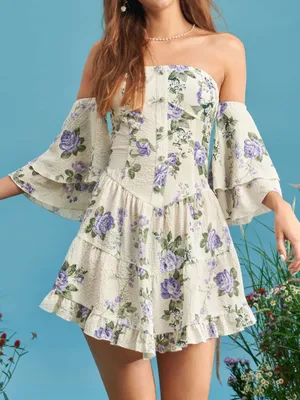 Cider FLORAL RUFFLE SLEEVE LAYERED MINI DRESS thumbnail 1