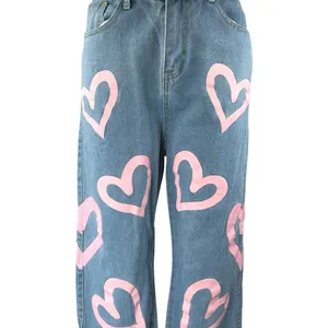 Colorful Natalie Blue Pink Hearts High Waisted Baggy Wide Leg Denim Jeans Size L thumbnail 4