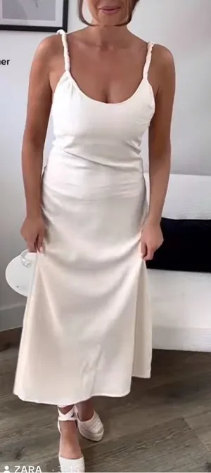 Zara Bloggers Fav Ecru Linen Blend Bohemian Open Back Cut Out Midi Dress‎ Sz L thumbnail 1