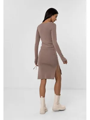 Long Sleeve Side Ruched Midi Dress with Side Slit in Taupe thumbnail 3