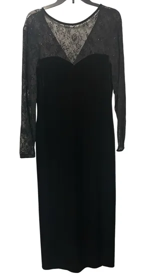 Vintage 90s Robbie Bee Black Velvet Maxi Dress Sheer Lace Gothic Glam Sz 10 thumbnail 1