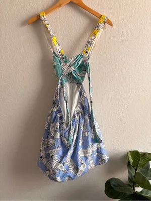 Maeve Anthropologie Mini Dress Sz 0 W Babydoll Blue Bird Print Open Tie Back thumbnail 2
