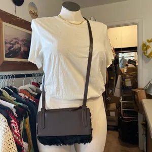 KDB Brown Genuine Cowhide Leather Black Fur Lined Crossbody Small Bag thumbnail 2