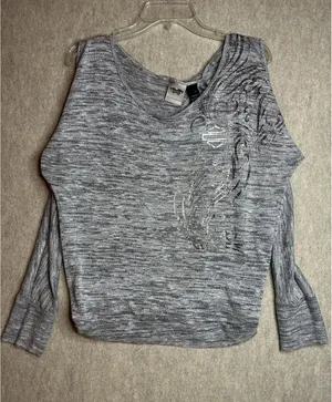 Harley Davidson Silver Bare Shoulder Long Sleeve Shirt Open Back Womens Large thumbnail 1