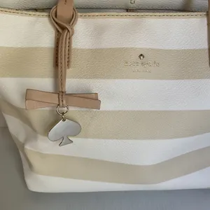 Kate Spade New York Striped Tote Bag Cream Beige Spade Charm Bow Shopper thumbnail 3