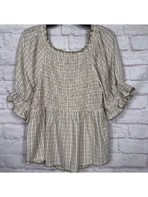 Old Navy Women’s Plaid Smocked Peasant Blouse Size Large Cottagecore Boho NWT thumbnail 7