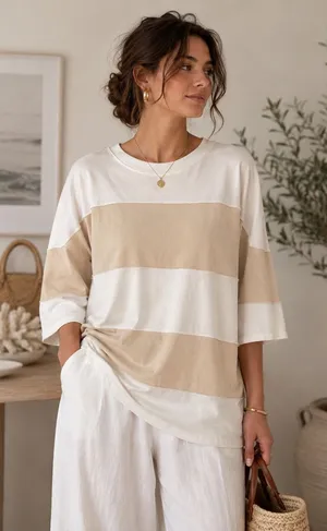 Aemi + Co Polly Color Block Top Neutral Coastal Grandmother‎ Relaxed Medium thumbnail 1