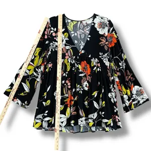 Free People Bella Tunic Top‎ Floral Babydoll Blouse Women’s L Black Multicolor thumbnail 4