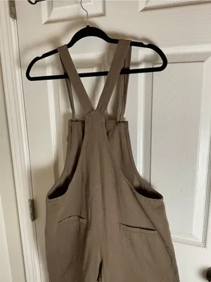 Miou Muse Taupe Linen-Blend Wide-Leg Overalls - Size M Women’s thumbnail 7