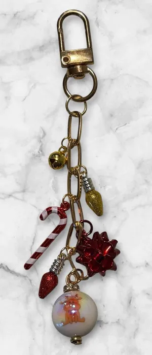 Gold Holiday Charm Keychain with Red Accents thumbnail 1