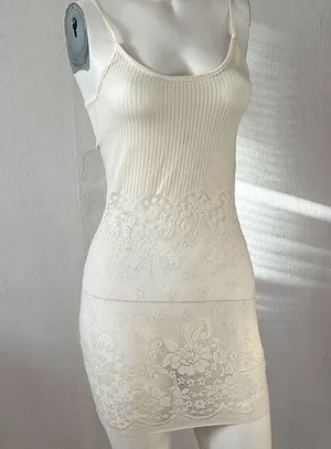 Anthropologie Easel boho ivory ribbed knit crochet floral lace mini dress small thumbnail 1