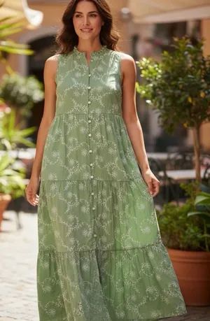 J. Jill Sleeveless Sage Green Button-Front Tiered Maxi Dress thumbnail 1