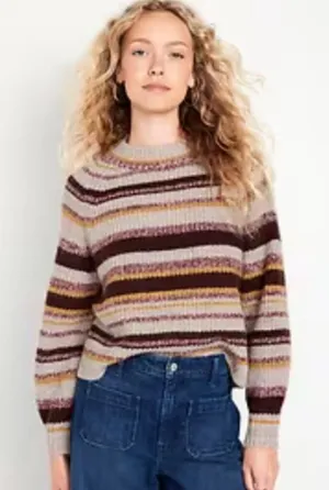 Old Navy Beige‎ Red Stripe Mock Neck Cropped Crewneck Sweater S thumbnail 1