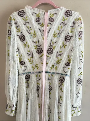 NWT MAC DUGGAL 9133 Hand-Beaded Floral Long-Sleeve Midi‎ Dress, Sz 2, IvoryMulti thumbnail 11