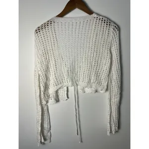 LRG White Knit Cropped Cardigan Long Sleeve Tie Front Shrug Boho Granny Cottage thumbnail 3